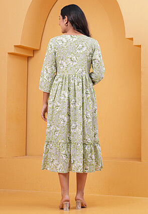 Digital Printed Pure Cotton Tiered Midi Dress in Dusty Green