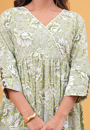 Digital Printed Pure Cotton Tiered Midi Dress in Dusty Green