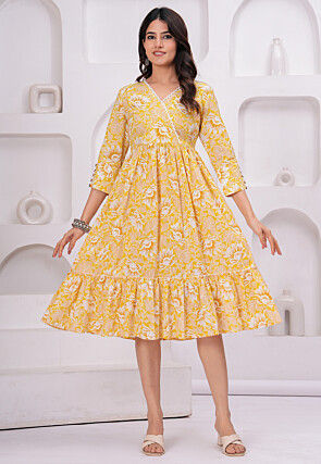 Digital Printed Pure Cotton Tiered Midi Dress in Yellow