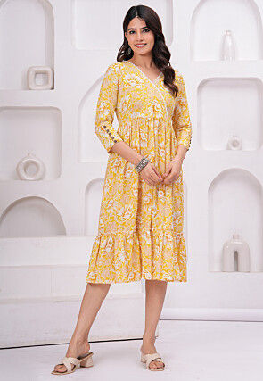 Digital Printed Pure Cotton Tiered Midi Dress in Yellow