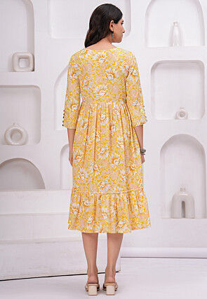 Digital Printed Pure Cotton Tiered Midi Dress in Yellow