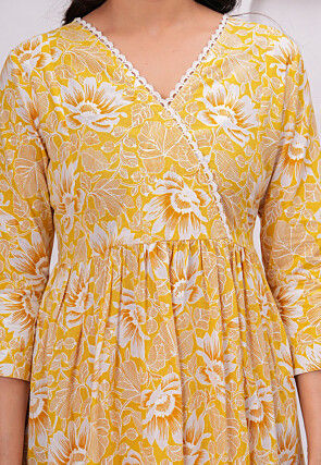 Digital Printed Pure Cotton Tiered Midi Dress in Yellow