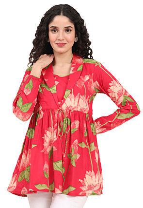 Digital Printed Pure Cotton Top in Coral Red