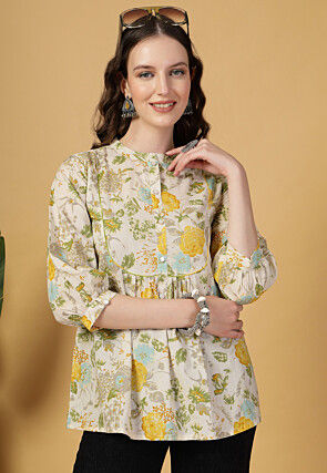 Digital Printed Pure Cotton Top in Cream