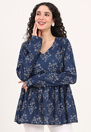 Digital Printed Pure Cotton Top in Dark Blue