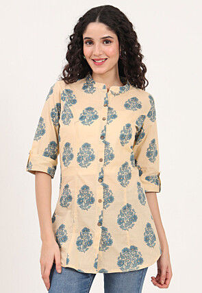 Digital Printed Pure Cotton Top in Light Beige