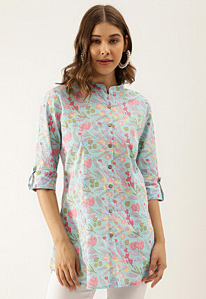Digital Printed Pure Cotton Top in Light Blue