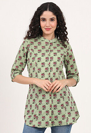 Digital Printed Pure Cotton Top in Light Green