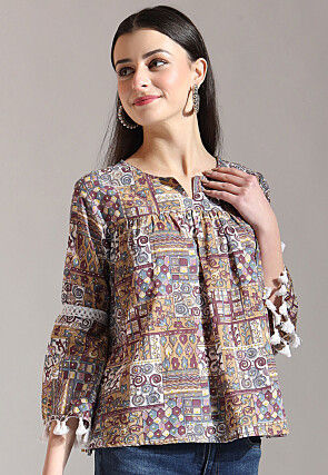Digital Printed Pure Cotton Top in Multicolor