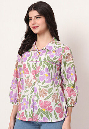 Digital Printed Pure Cotton Top in Off White and Purple