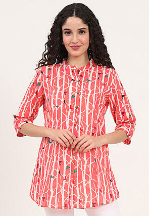 Digital Printed Pure Cotton Top in Peach Pink