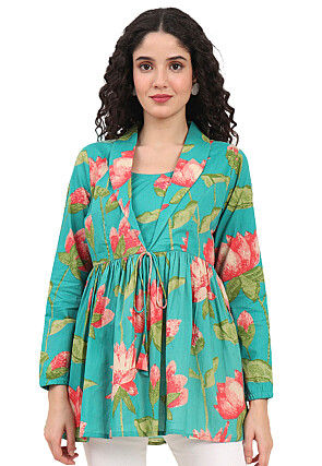 Digital Printed Pure Cotton Top in Sea Green