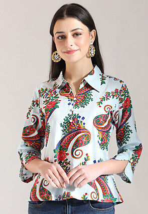Digital Printed Pure Cotton Top in Sky Blue