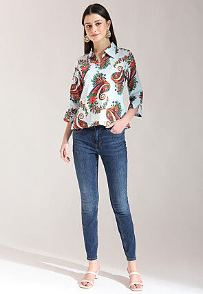 Digital Printed Pure Cotton Top in Sky Blue
