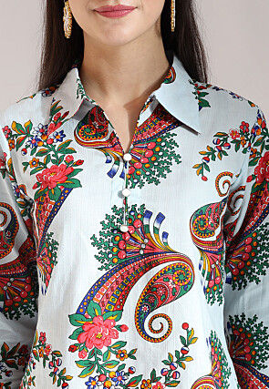 Digital Printed Pure Cotton Top in Sky Blue