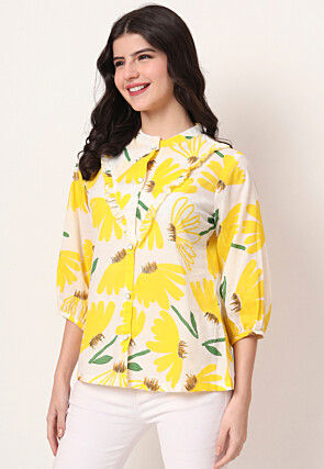 Digital Printed Pure Cotton Top in White and Yellow