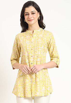 Digital Printed Pure Cotton Tunic in Yellow