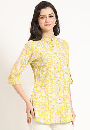 Digital Printed Pure Cotton Tunic in Yellow