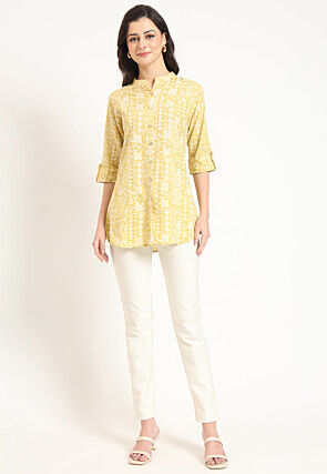 Digital Printed Pure Cotton Tunic in Yellow