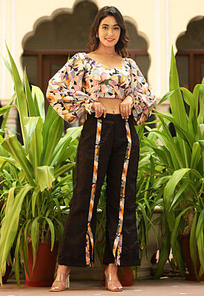 Digital Printed Pure Crepe Crop Top Set in Multicolor