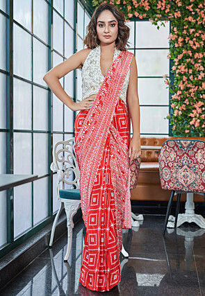 Digital Printed Pure Crepe Saree in Red