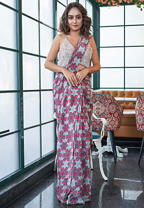 Digital Printed Pure Crepe Saree in Sky Blue