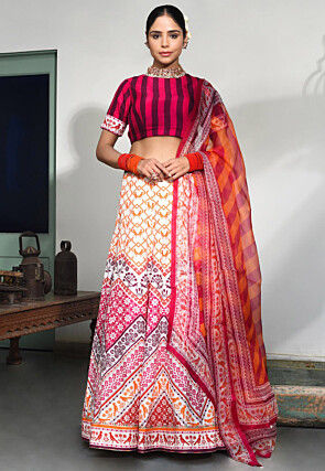 Digital Printed Pure Dupion Silk Lehenga in White and Pink