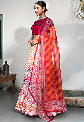 Digital Printed Pure Dupion Silk Lehenga in White and Pink