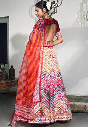 Digital Printed Pure Dupion Silk Lehenga in White and Pink