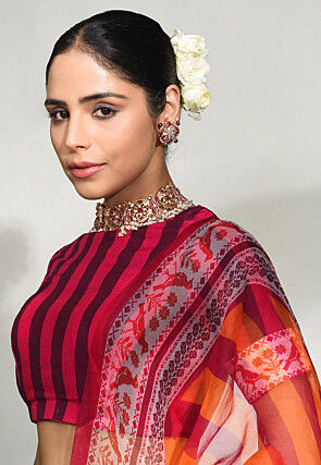 Digital Printed Pure Dupion Silk Lehenga in White and Pink