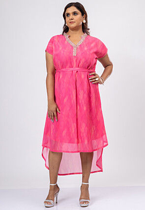 Digital Printed Pure Georgette Asymmetric Dress in Pink