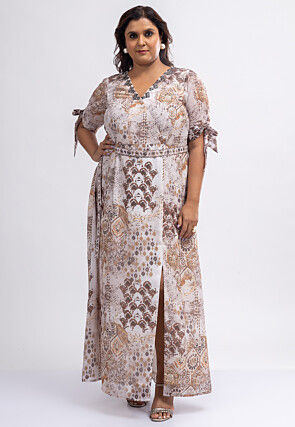 Digital Printed Pure Georgette Front Slit Maxi Dress in Off White