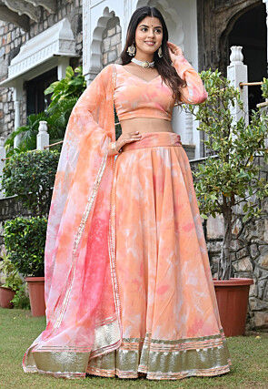 Digital Printed Pure Georgette Lehenga in Peach