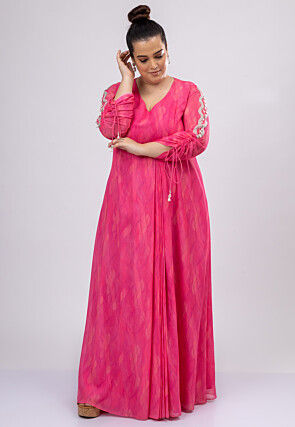 Digital Printed Pure Georgette Maxi Dress in Fuchsia