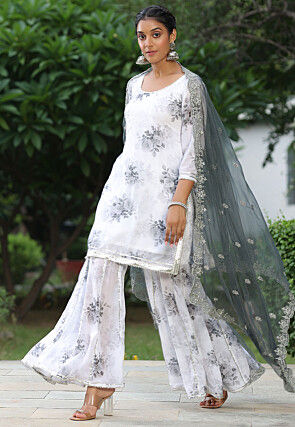 Digital Printed Pure Georgette Pakistani Suit in Off White
