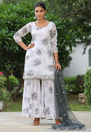 Digital Printed Pure Georgette Pakistani Suit in Off White