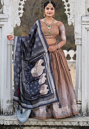 Digital Printed Pure Manipuri Silk Lehenga in Light Brown