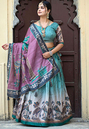 Digital Printed Pure Manipuri Silk Lehenga in Light Teal Blue