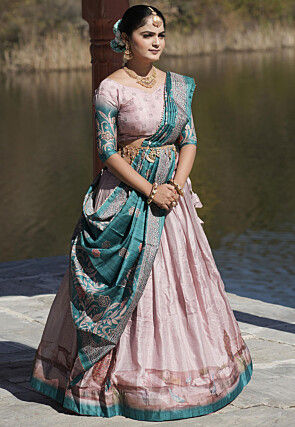 Digital Printed Pure Manipuri Silk Lehenga in Peach