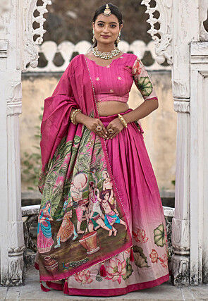 Digital Printed Pure Manipuri Silk Lehenga in Pink