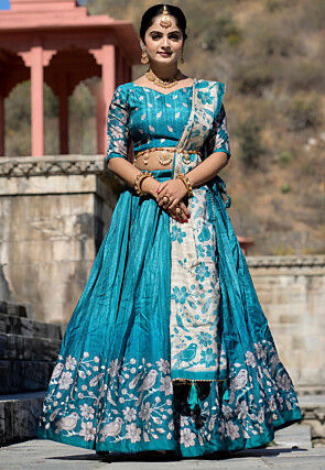 Digital Printed Pure Manipuri Silk Lehenga in Teal Blue