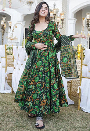 Digital Printed Pure Muslin Silk A Line Suit in Black