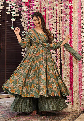 Digital Printed Pure Muslin Silk A Line Suit in Dark Green