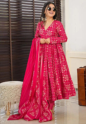 Digital Printed Pure Muslin Silk A Line Suit in Fuchsia