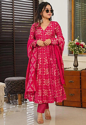Digital Printed Pure Muslin Silk A Line Suit in Fuchsia