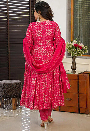 Digital Printed Pure Muslin Silk A Line Suit in Fuchsia