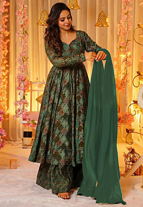 Digital Printed Pure Muslin Silk A Line Suit in Green and Multicolor