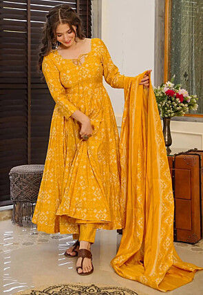 Digital Printed Pure Muslin Silk A Line Suit in Mustard