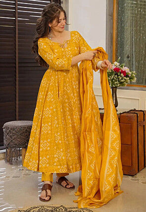 Digital Printed Pure Muslin Silk A Line Suit in Mustard