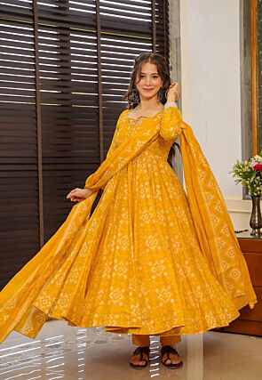 Digital Printed Pure Muslin Silk A Line Suit in Mustard